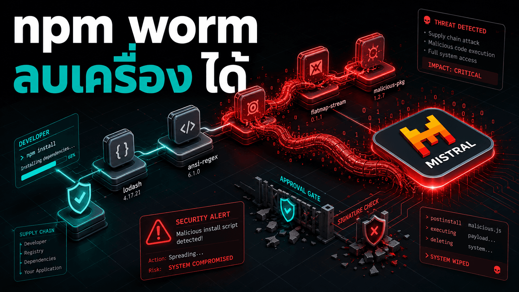 npm worm กลับมาแรง — กระทบ TanStack, Mistral และ Guardrails AI พร้อมกลไกลบเครื่อง