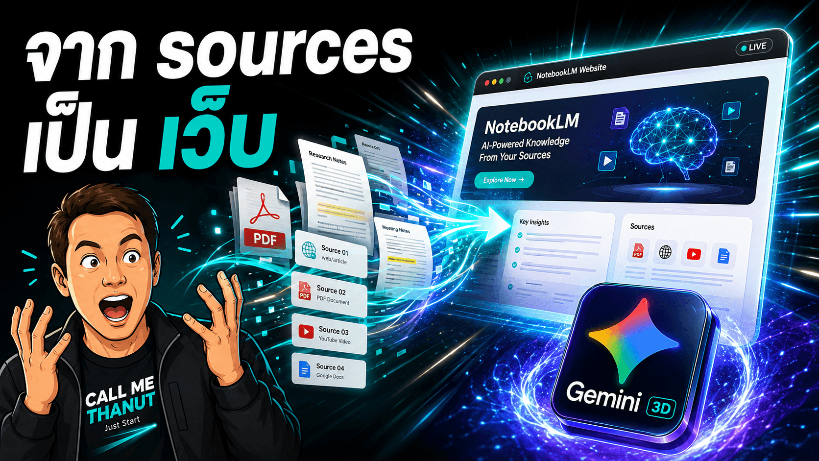 NotebookLM + Gemini 3.5 Flash ทำเว็บจาก sources — ดีสำหรับ knowledge site แต่ต้องตรวจ fact