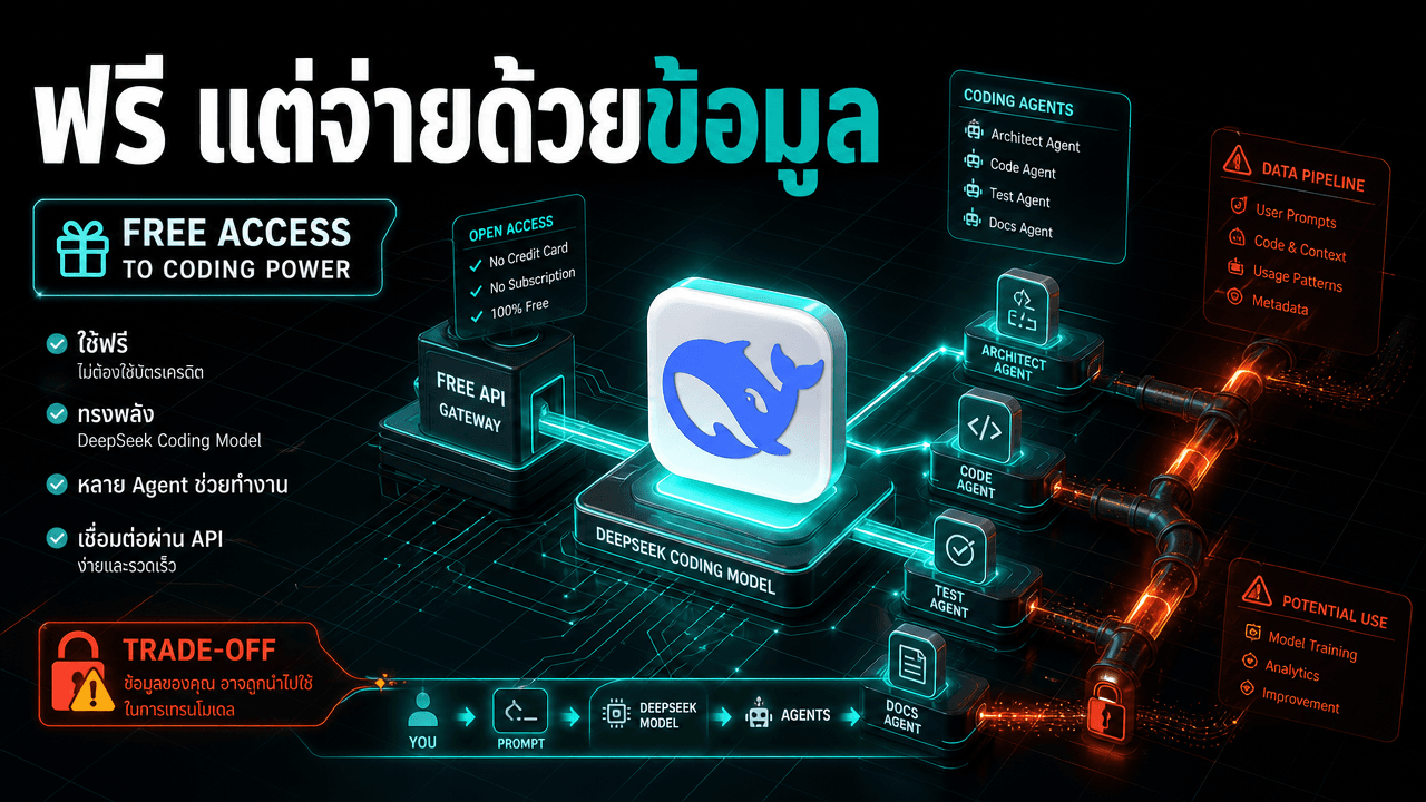 DeepSeek V4 Flash 0731 ใช้ฟรีได้แล้วในหลาย coding agent — แต่ของฟรีมักจ่ายด้วยข้อมูล