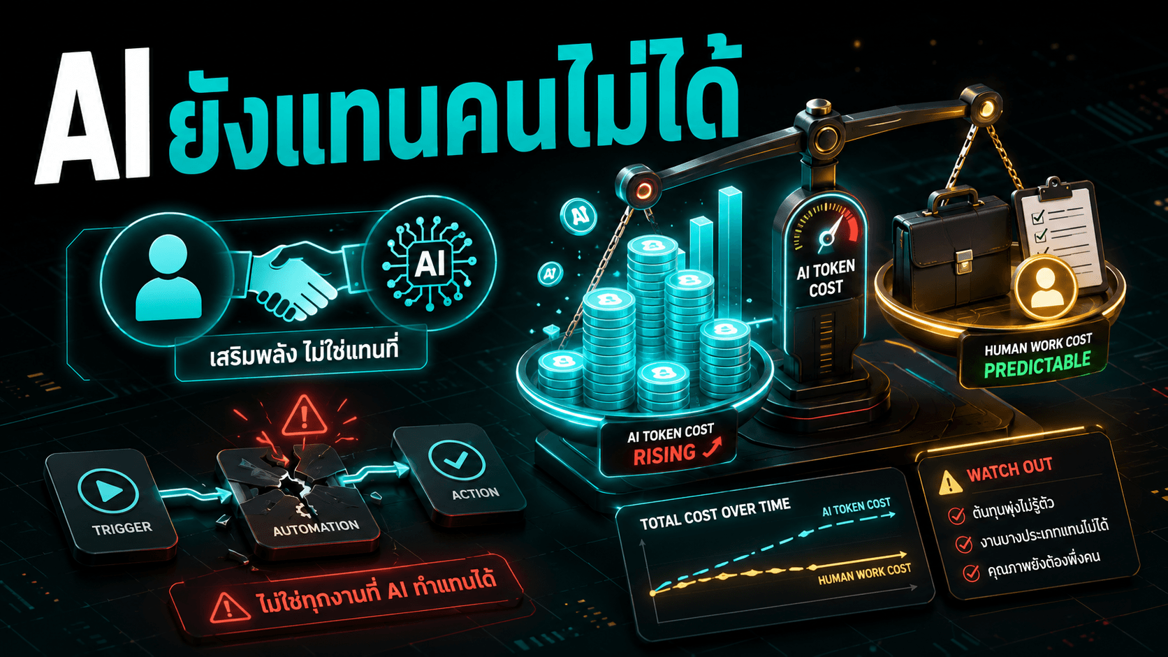 บริษัทเริ่มถอย "เอา AI แทนคน" — ต้นทุน token แพงกว่าจ้างคน งานยังพึ่ง AI ล้วนไม่ได้